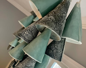 Handmade Ceramic Wind Chime: Robins Egg & Floral Cone Shaped Chimes
