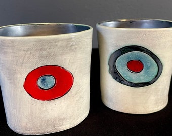 Set of 2 Ceramic Rocks Glasses / Thumb  Cappuccino Mug - 6 oz. Red - Robins Egg - Black Metallic - Handmade Gift