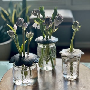 Ceramic Flower Frog Mason Jar/Vase Topper Flower/Greens Arranger Gift Centerpiece Wedding Bridal Party Round - Charcoal