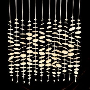 May include: A decorative hanging room divider featuring multiple vertical white strings. Each string is adorned with numerous small, flat, circular white discs spaced at intervals, creating a cascading, linear pattern against a dark background.