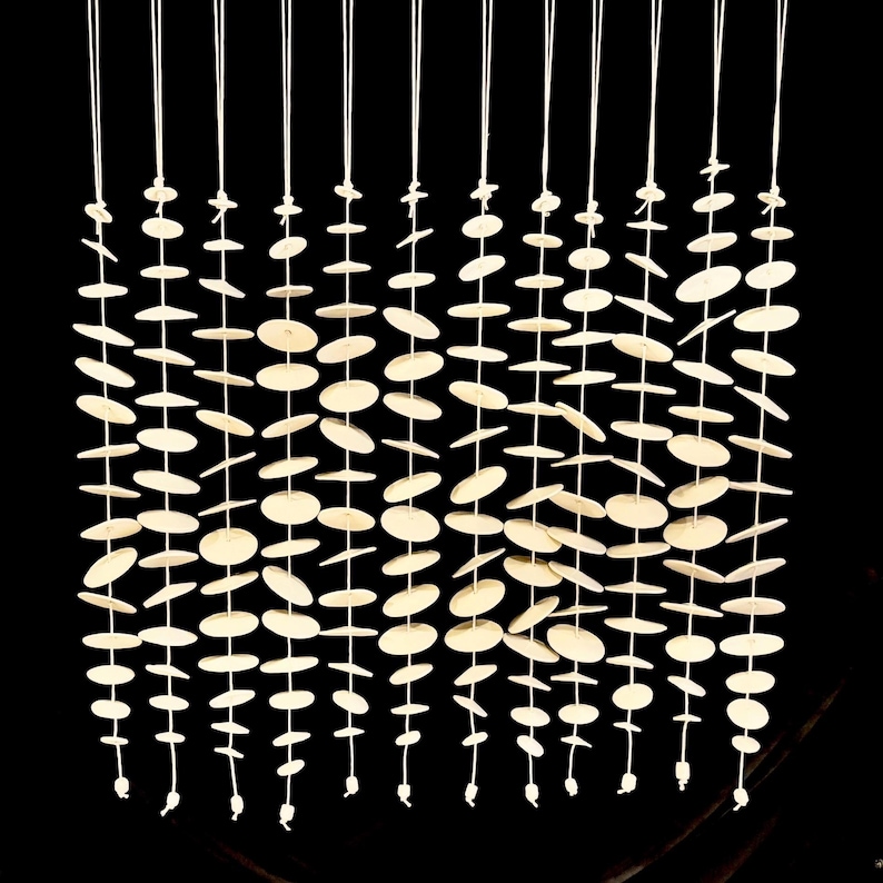 May include: A decorative hanging room divider featuring multiple vertical white strings. Each string is adorned with numerous small, flat, circular white discs spaced at intervals, creating a cascading, linear pattern against a dark background.