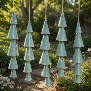 Handmade Beach Blue Ceramic Wind Chime: Cone Shaped, 21-23" Long
