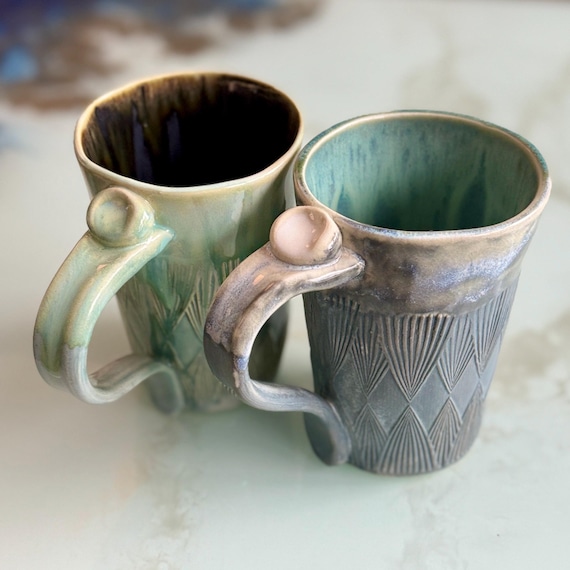 Handmade Tall Ceramic Coffee Mug: Embossed Art Deco Design, 16 Oz - Etsy  Israel
