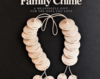 May include: A personalized family chime featuring two strands of circular, light-colored discs suspended by cords. Each disc is engraved with names, including Tracy, Dines, Anna, Alex, Seafos, Deatsis, Lilly, Conner, Cory, Julie, Benis, Daniella, Bailey, David, Family, and 03-22-25.