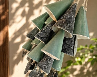 Handmade Ceramic Wind Chime: Robins Egg & Floral Cone Shaped Chimes