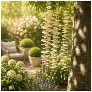 May include: A hanging wind chime composed of three vertical strands of circular, off-white, translucent shell-like discs strung together on thin cord, with small white beads at the bottom of each strand, suspended outdoors in a garden setting.