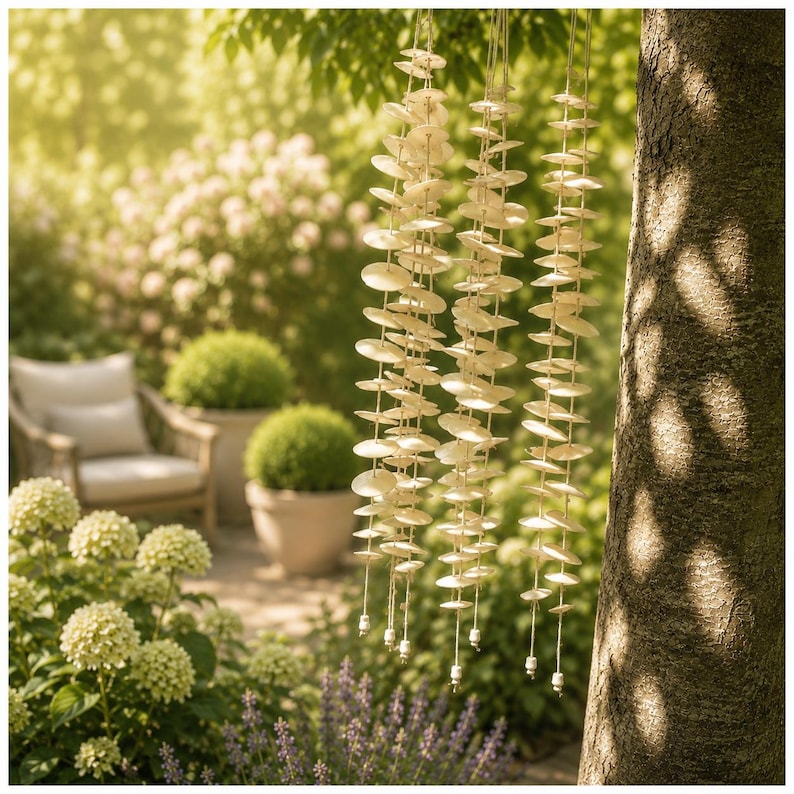 May include: A hanging wind chime composed of three vertical strands of circular, off-white, translucent shell-like discs strung together on thin cord, with small white beads at the bottom of each strand, suspended outdoors in a garden setting.