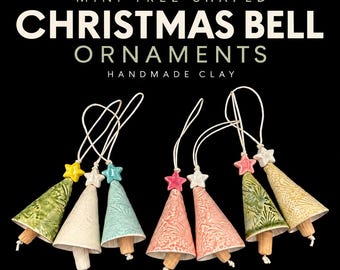 May include: Seven mini tree-shaped Christmas bell ornaments made of handmade clay. Each bell features a textured surface, a small star topper in various colors, and a wooden clapper hanging from a white string. Text reads: MINI TREE-SHAPED CHRISTMAS BELL ORNAMENTS HANDMADE CLAY.
