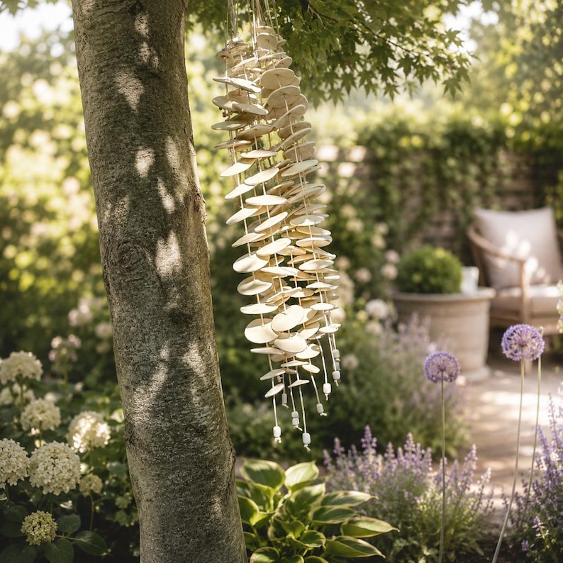 May include: A hanging wind chime composed of numerous small, circular, off-white ceramic discs strung together on vertical cords. The discs are arranged in multiple parallel strands, each ending with a small, cylindrical bead at the bottom.