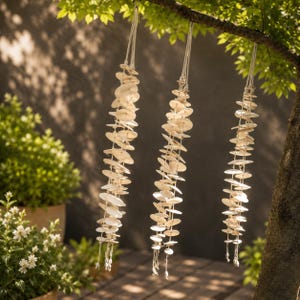 May include: Three hanging decorations consisting of multiple off-white, circular ceramic discs strung together on thin, light-colored cords. Each vertical strand features a repeating pattern of flat, round pieces suspended from a single point.