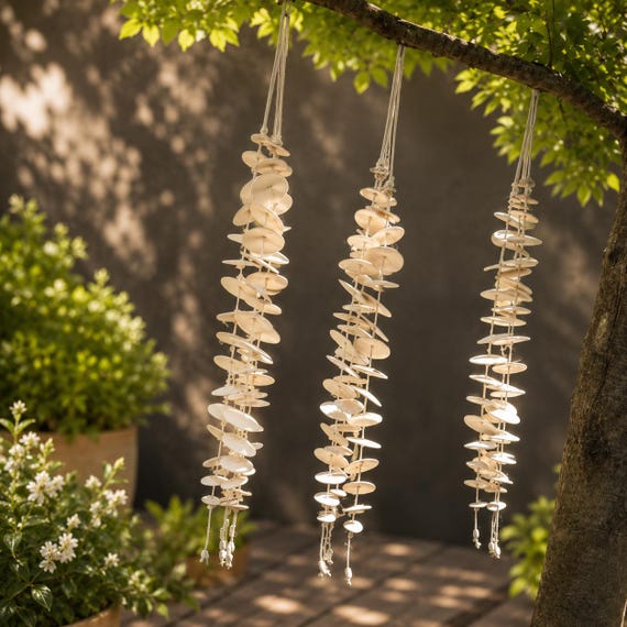 Clear Glazed Handmade Ceramic Wind/Garland/Spinner -16 disks -29”-30” long.