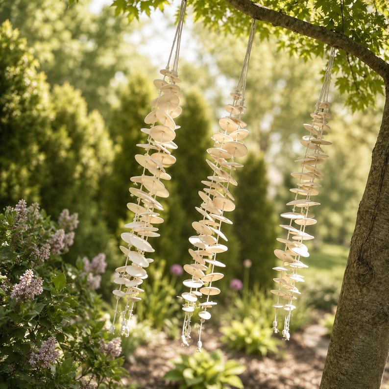May include: Three hanging wind chimes made of numerous small, circular, off-white ceramic discs strung together on thin white cords. The chimes are suspended from a tree branch, featuring a vertical arrangement of flat, round pieces.