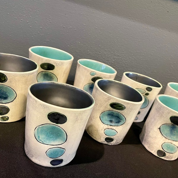 Ceramic Rocks Glasses / Thumb  Cappuccino Mug - 6 oz. Balancing Stones -Metallic Black-Robins Egg- Handmade Gift