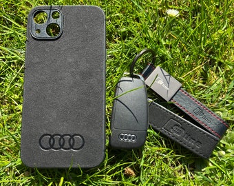Alcantara Audi Case + Keychain Car Logo Rings Design Case Mobile Phone Protection iPhone 6, 7, 8 Plus, X, XS, XS Max, 11, 12, 13 mini Pro