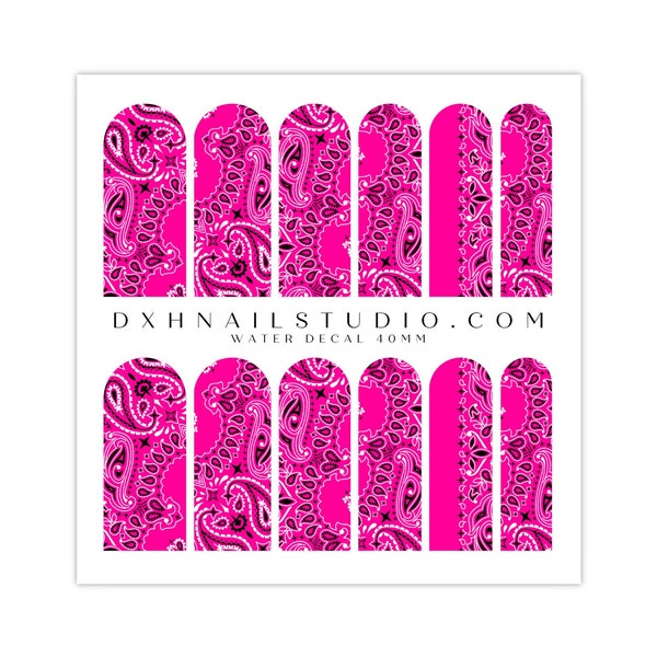 Hot Pink Bandana Nail Decals - Bandana Paisley Nail Decals - Water Transfer Nail Wraps - Nail Supplies - Manicure Accessories Deco Nail Art