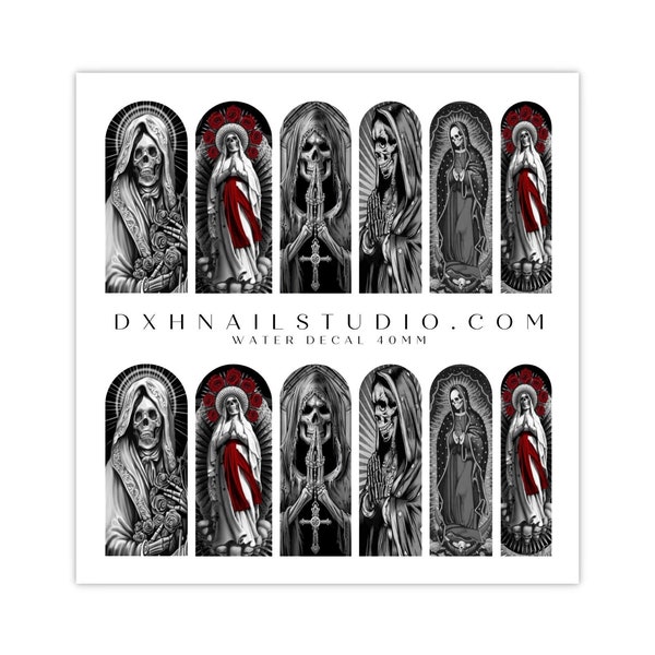 Santa Muerte Nail Decals - Skull Nail Art - Water Transfer Nail Wraps - Monochrome - Horror - Deco Nail Art