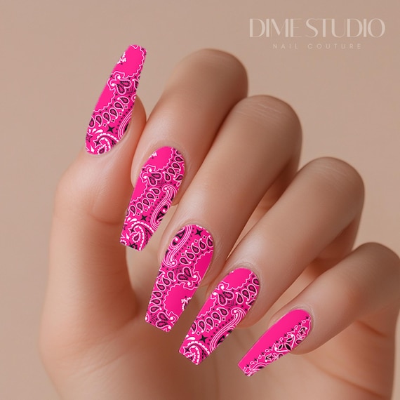 Hot Pink Bandana Paisley Nail Decals, Water Transfer Nail Wraps