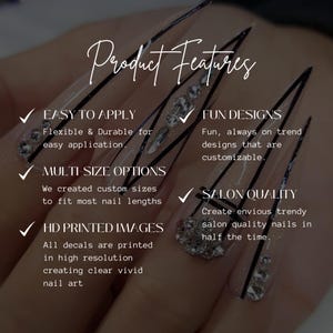 May include: A graphic with a list of product features for nail art decals. The features include easy to apply, multi-size options, HD printed images, fun designs, and salon quality.