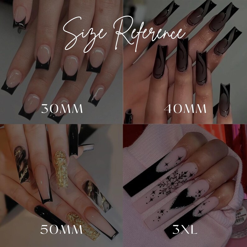 May include: Size reference for press-on nails. Four sets of nails are shown, with lengths labeled 30mm, 40mm, 50mm, and 3XL.