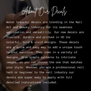 May include: Water transfer decals for nail art and beauty. These decals are flexible, durable, and printed in high definition for colorful, bold, and vivid designs. They are easy to apply with full instructions included.