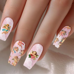 Angelic Cherub Angel Baroque Cupid Nail Decals - Water Transfer Nail Wraps - Pink Cloud Aesthetic Nail Art For Acrylic Gel X Press On Nails