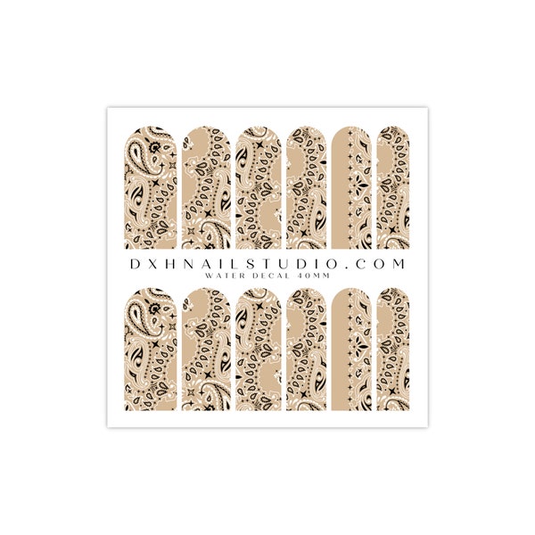 Cream Khaki Bandana Nail Decals - Water Transfer Nail Wraps - Bandana Paisley Nail Art - Nail Supplies Manicure Accessories - Acrylics