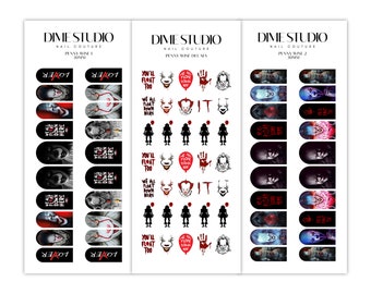 May include: Set of three sheets of nail decals featuring the character Pennywise from the movie IT. The decals feature images of Pennywise's face, a red balloon, and the text "You'll float too".