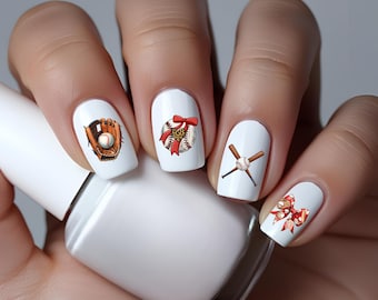 Fun Baseball Nail Decals Softball Mom Base & Bows Water Transfer Clear Overlay