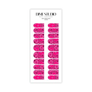 May include: A sheet of pink and black paisley nail stickers. The stickers are designed to look like a bandana. The sheet is labeled "Dime Studio Nail Couture Hot Pink Band 30mm".