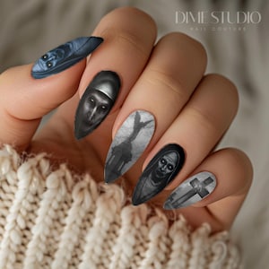 The Nun Gothic Halloween Nail Decals - Water Transfer Nail Wraps - Horror Movie Nail Art - Cemetery - Valak - Cross