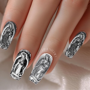 Monochrome Virgin De Guadalupe Nail Decals - 40mm Nail Wraps - Clear Water Transfer - Nail Supplies