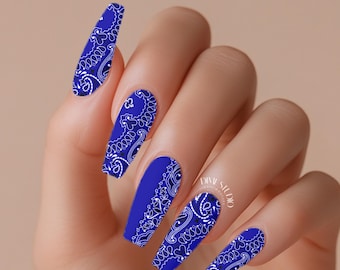 Royal Blue Bandana Nail Decals - Water Transfer Paisley Nail Art