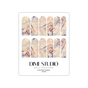 May include: Nail art stickers with a marble design in shades of pink, white, and gold. The stickers are arranged in two rows of five, and the text "DIME STUDIO NAIL COUTURE CRM PRP MARBLE 10MM" is printed below the stickers.