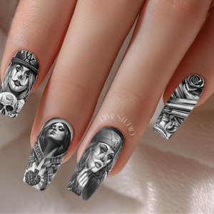 OG Chola Chicana - Water Transfer  Nail Wraps - Monochrome - Sad Girl - Jokers Girl Nail Art For Nail Extensions Gel X Press On Nails