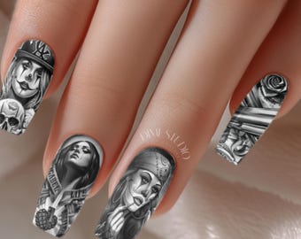 OG Chola Chicana - Water Transfer  Nail Wraps - Monochrome - Sad Girl - Jokers Girl Nail Art For Nail Extensions Gel X Press On Nails