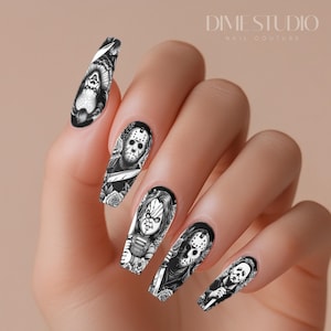 Monochrome Horror Slasher Halloween Nail Decals Fall Floral Water Transfer Nail Wraps Pumpkin Ghouls Manicure Accessories