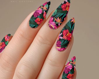 Calcomanías florales de hibisco tropical para uñas - Arte de uñas con transferencia al agua de verano