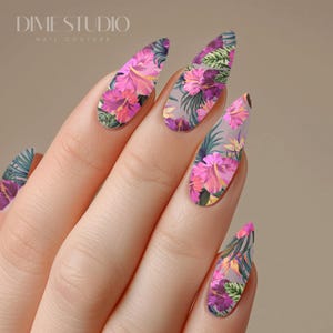 Dusty Pink Tropical Floral Hibiscus Nail Decals - Water Transfer Nail Wraps - Fun Spring Summer Nail Art - Nail Supplies
