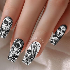 Décalcomanies à ongles monochromes Dios De Los Muertos Lady Sugar Skull - Stickers à ongles transparents - Art des ongles Day Of The Dead