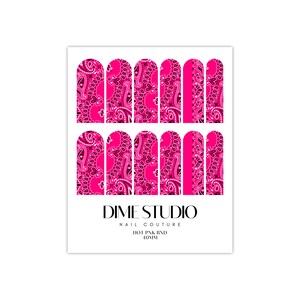 May include: A sheet of pink and black nail wraps with a paisley pattern. The sheet is labeled "DIME STUDIO NAIL COUTURE HOT PINK BND 40MM".