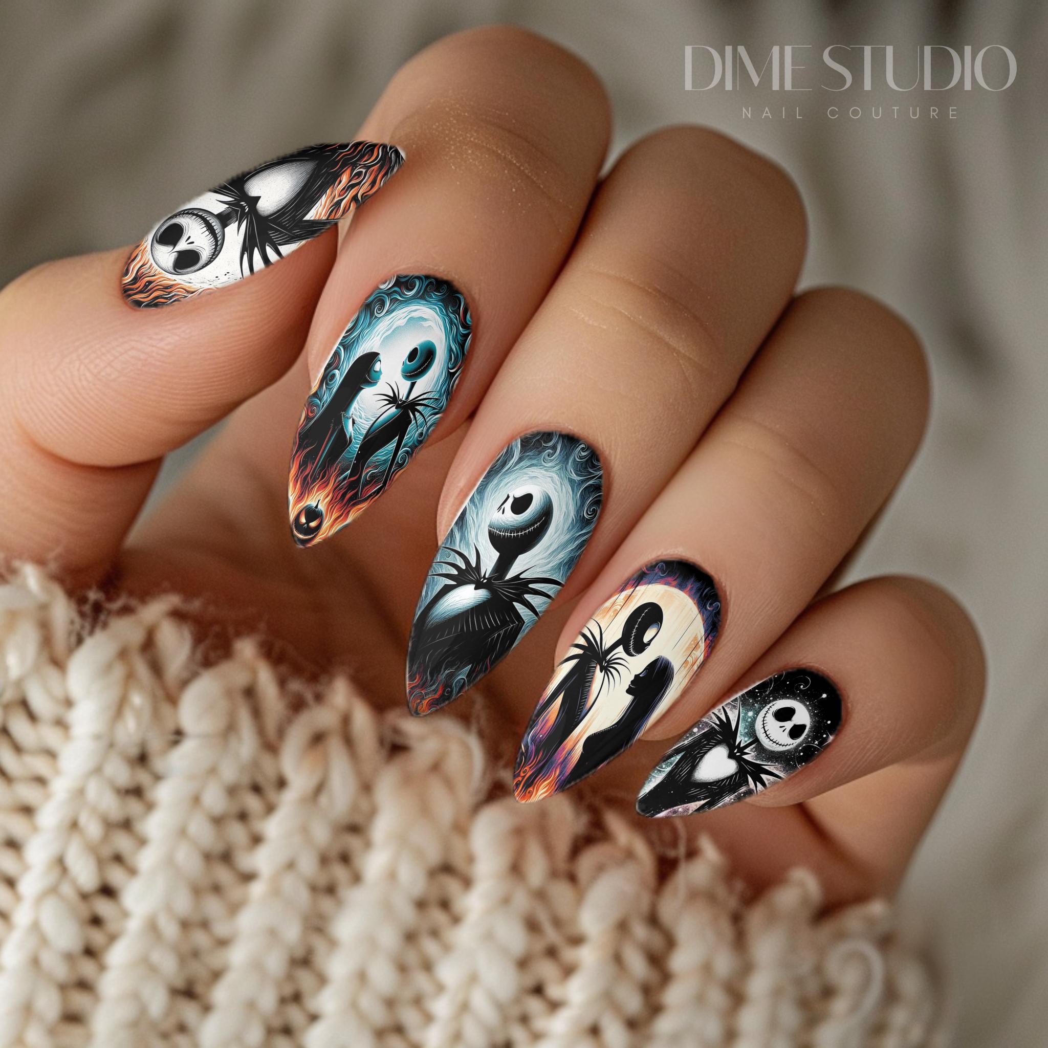 Jack & Sally Flame Halloween Nail Art Decals Spooky Water Transfer Nail Wraps