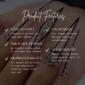 May include: A graphic with a list of product features for nail decals. The features include easy to apply, multi-size options, HD printed images, fun designs, and salon quality.