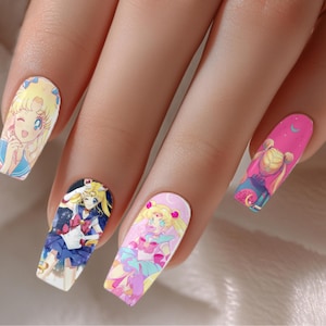 Sailor Girl Anime Nail Decals 3 - Kawaii Water Transfer 40mm Nail Wraps - Cute Girly Anime Nail Art - Manicure Accessories