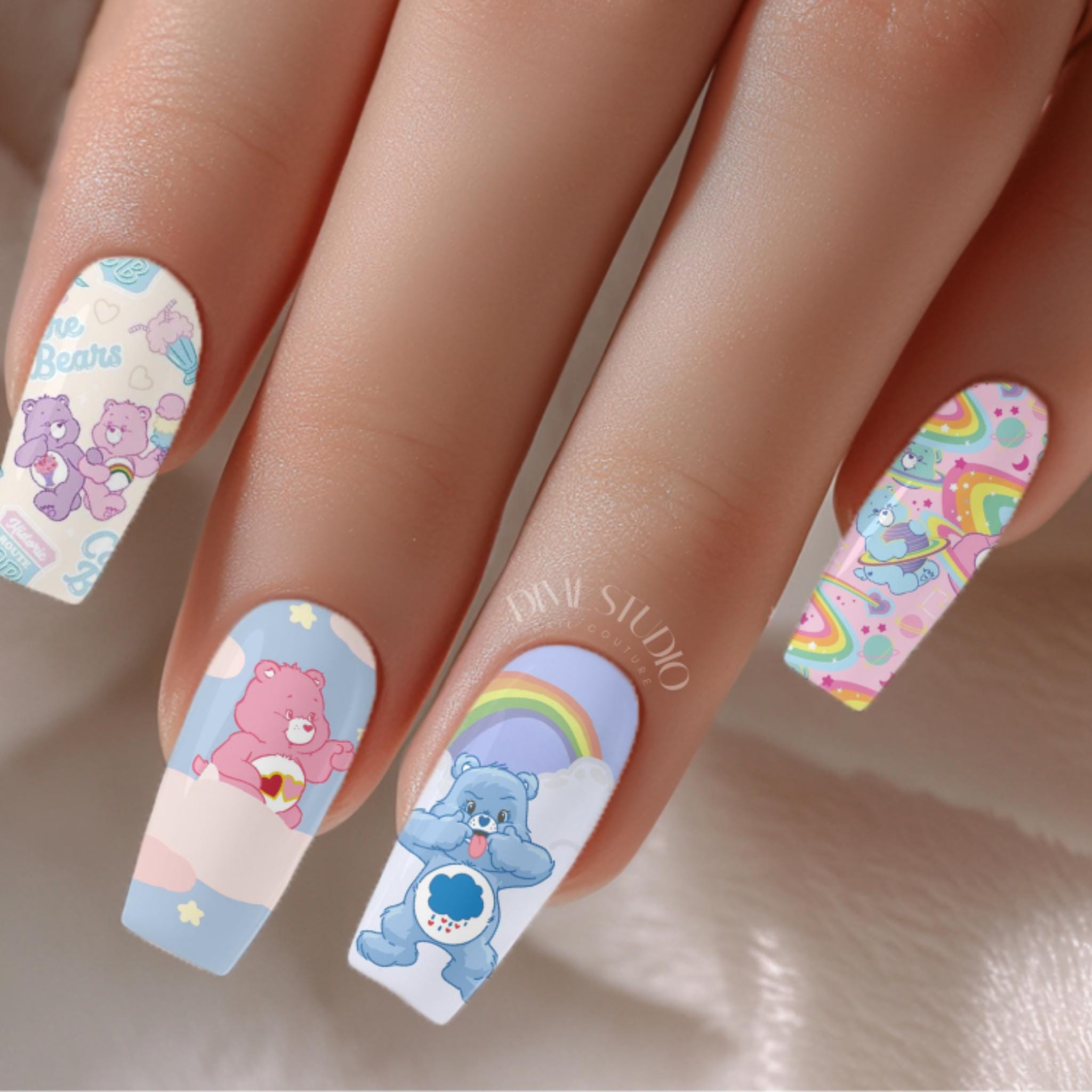 Cute Pastel Teddy Bear Nail Decals Ice Cream Cloud Water Transfer Nail Wraps Manicure Accessories