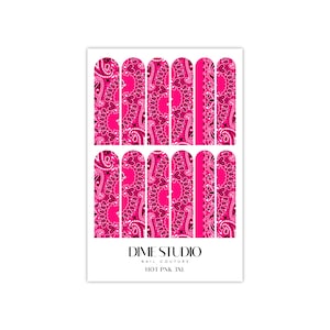 May include: Nail art stickers with a pink paisley pattern. The stickers are designed for use on fingernails. The package includes the text "DIME STUDIO NAIL COUTURE HOT PINK 3XL".