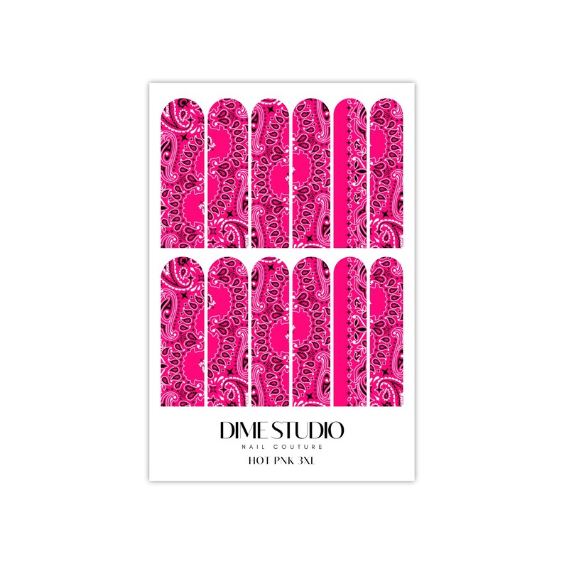 May include: Nail art stickers with a pink paisley pattern. The stickers are designed for use on fingernails. The package includes the text "DIME STUDIO NAIL COUTURE HOT PINK 3XL".
