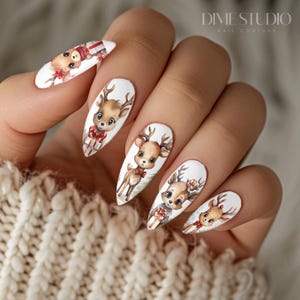 Cute Baby Reindeer Holiday Christmas Nail Decals Clear Water Transfer Nail Art
