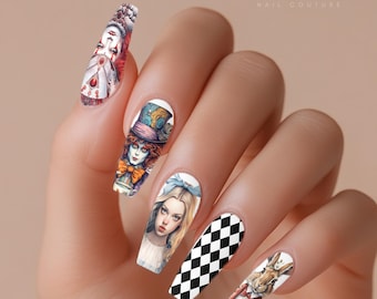 Alice im Wunderland Nagelaufkleber: Halloween Hutmacher, Königin, Grinsekatze