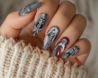 Santa Muerte Nail Decals – Monochrome Skull Water Transfer Nail Art