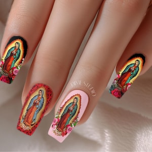 Virgin De Guadalupe XL Nail Wraps - Our Lady Of Guadalupe Water Transfer Nail Decals - Floral Virgin St Mary Nail Art Sticker 50MM